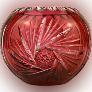 1950’s Crystal Rose Bowl Vase, Cranberry Cut to Clear West Germany Ak Kaiser